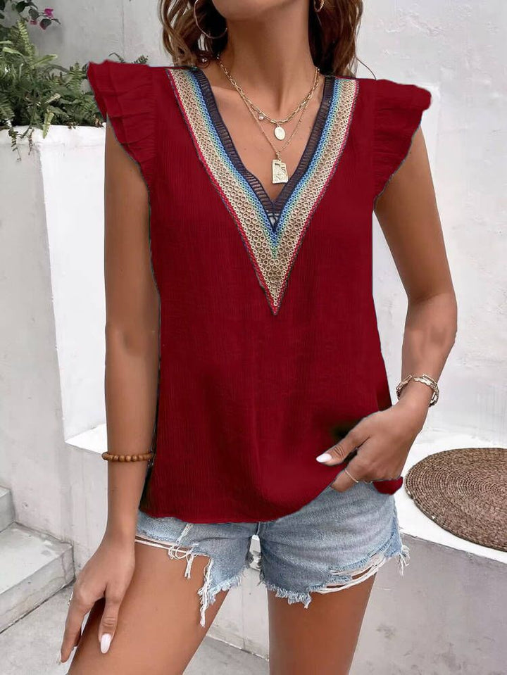 Embroidered V neck blouse for women with ruffle sleeves Lune London