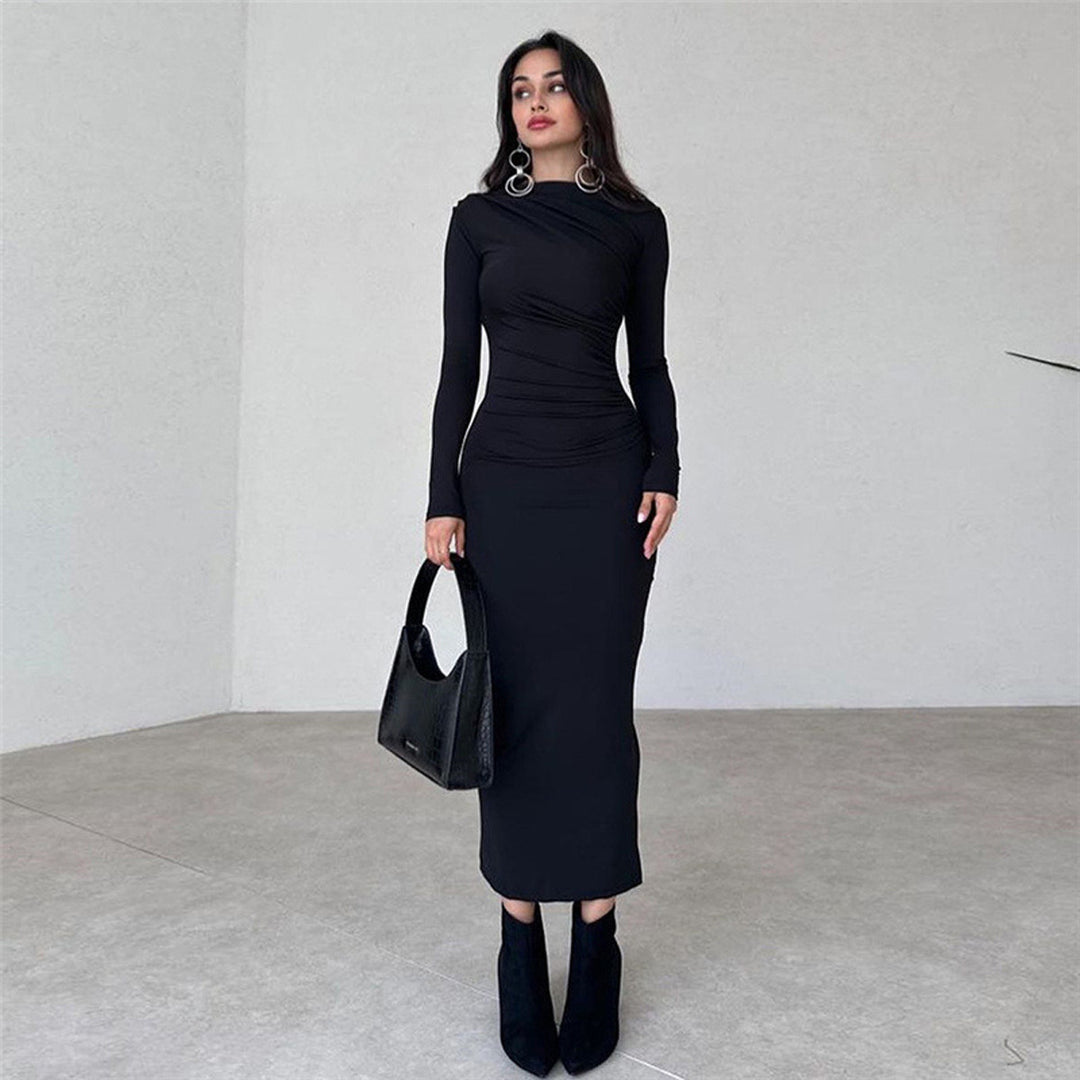 Ladies fitted maxi dress with high collar and side gathering Amarae