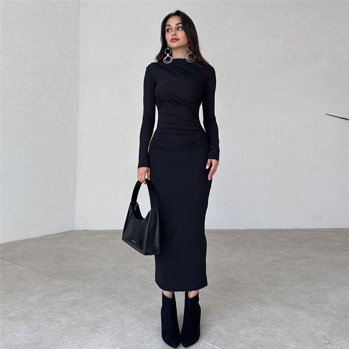Ladies fitted maxi dress with high collar and side gathering Amarae