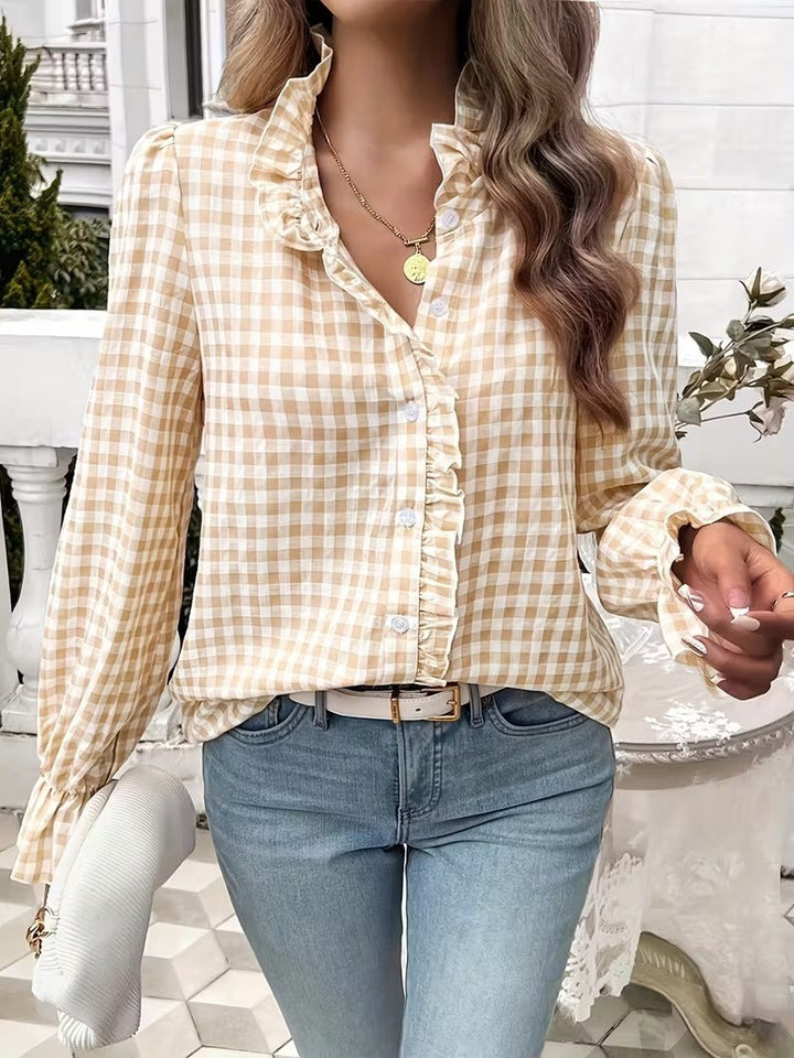 Women checked ruffled blouse with stand-up collar, concealed button placket and bell sleeves Amarae