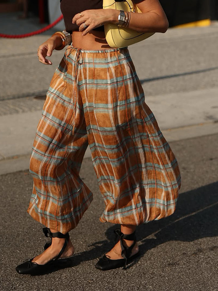 Women wide plaid harem pants with elastic waistband, drawstring & gathered ankle cuffs Amarae