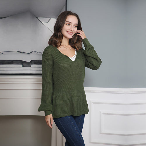 Chunky knit sweater for women with deep V-neck and relaxed fit Amarae