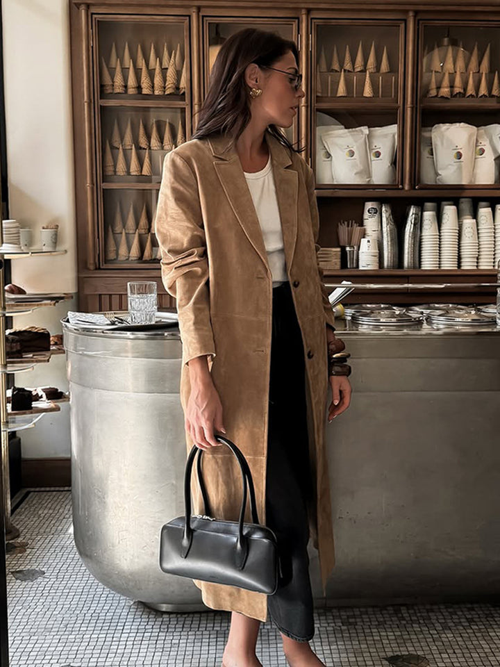 Women's Long Coat in Suede Look with Narrow Lapels and Clean Cut Amarae