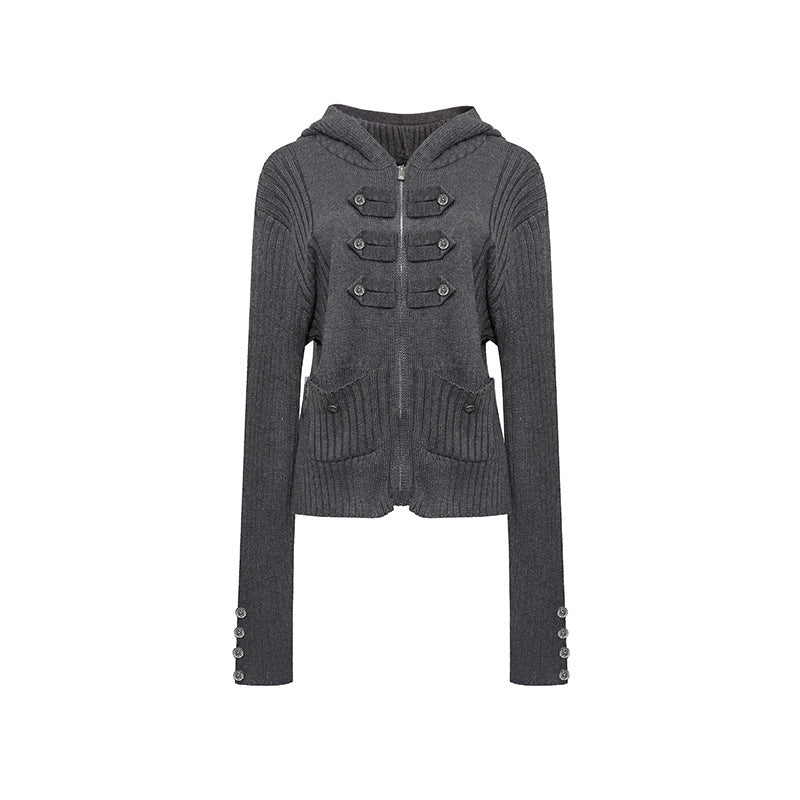 Women's ribbed hooded cardigan with zipper, decorative button placket and patch pockets Amarae