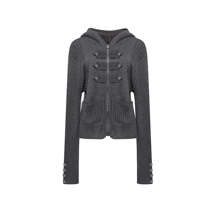 Women's ribbed hooded cardigan with zipper, decorative button placket and patch pockets Amarae