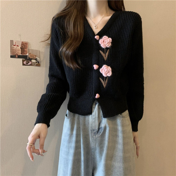 Knitted jacket for women with floral appliqués and V-neck Lune London