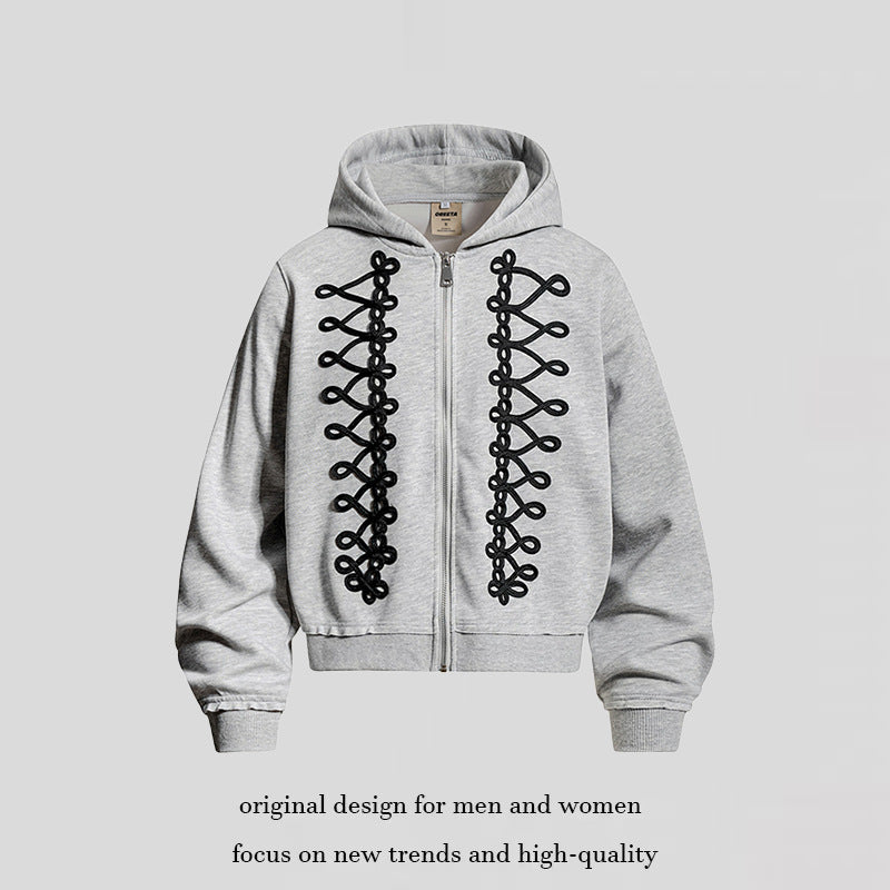 Women's hoodie sweatshirt jacket with decorative frogging embroidery and full-length zipper Amarae