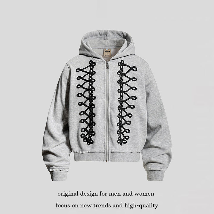 Women's hoodie sweatshirt jacket with decorative frogging embroidery and full-length zipper Amarae