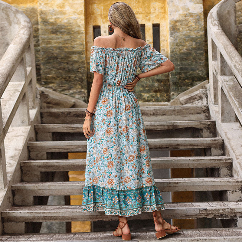 Off-shoulder floral maxi dress for women with ruffled hem Lune London
