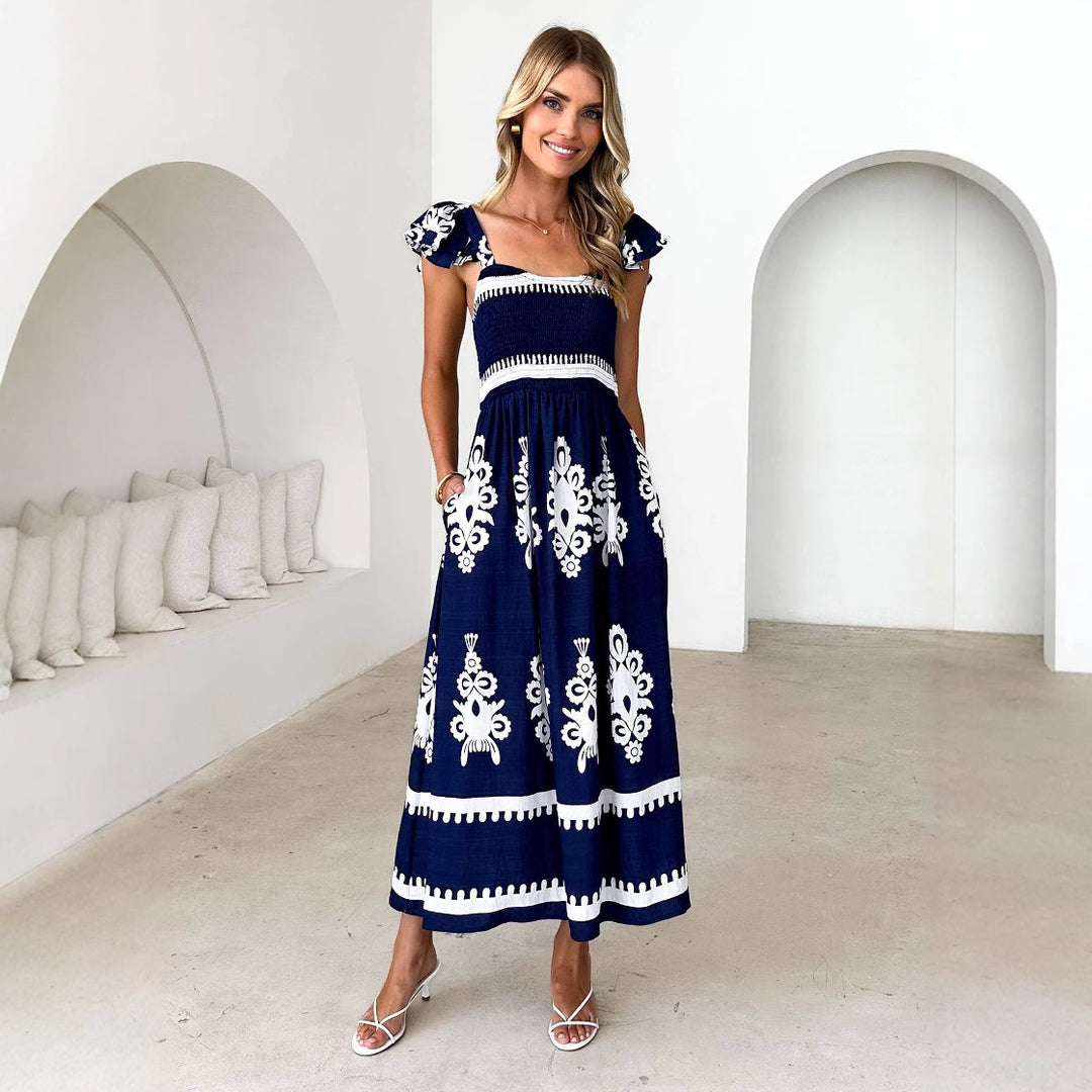 Women's maxi dress with floral embroidery and ruffle details Lune London
