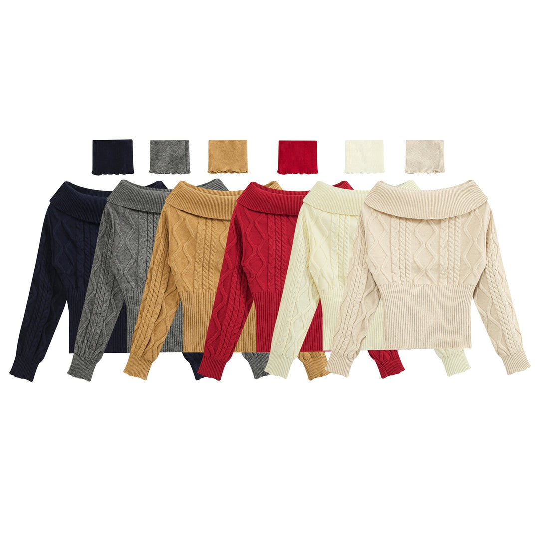 Women's Off-Shoulder Cable Knit Sweater with Wide Ribbed Cuff and Folded Collar Amarae
