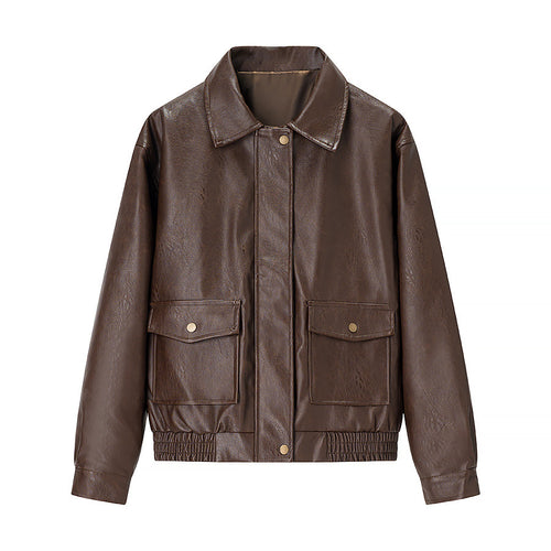 Women’s leather jacket with practical pockets and elastic waist Amarae