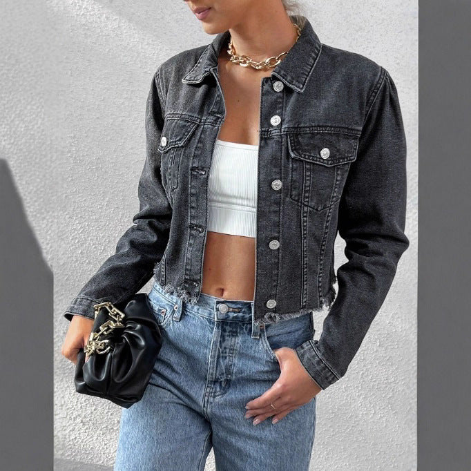 Women's cropped fitted denim jacket with raw fringe hem and flap pockets Amarae