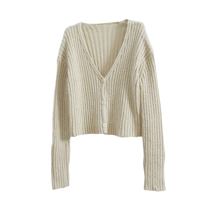 Women's Knitted V-Neck Cardigan in a distinctive ribbed pattern with short length and casual sleeves Amarae