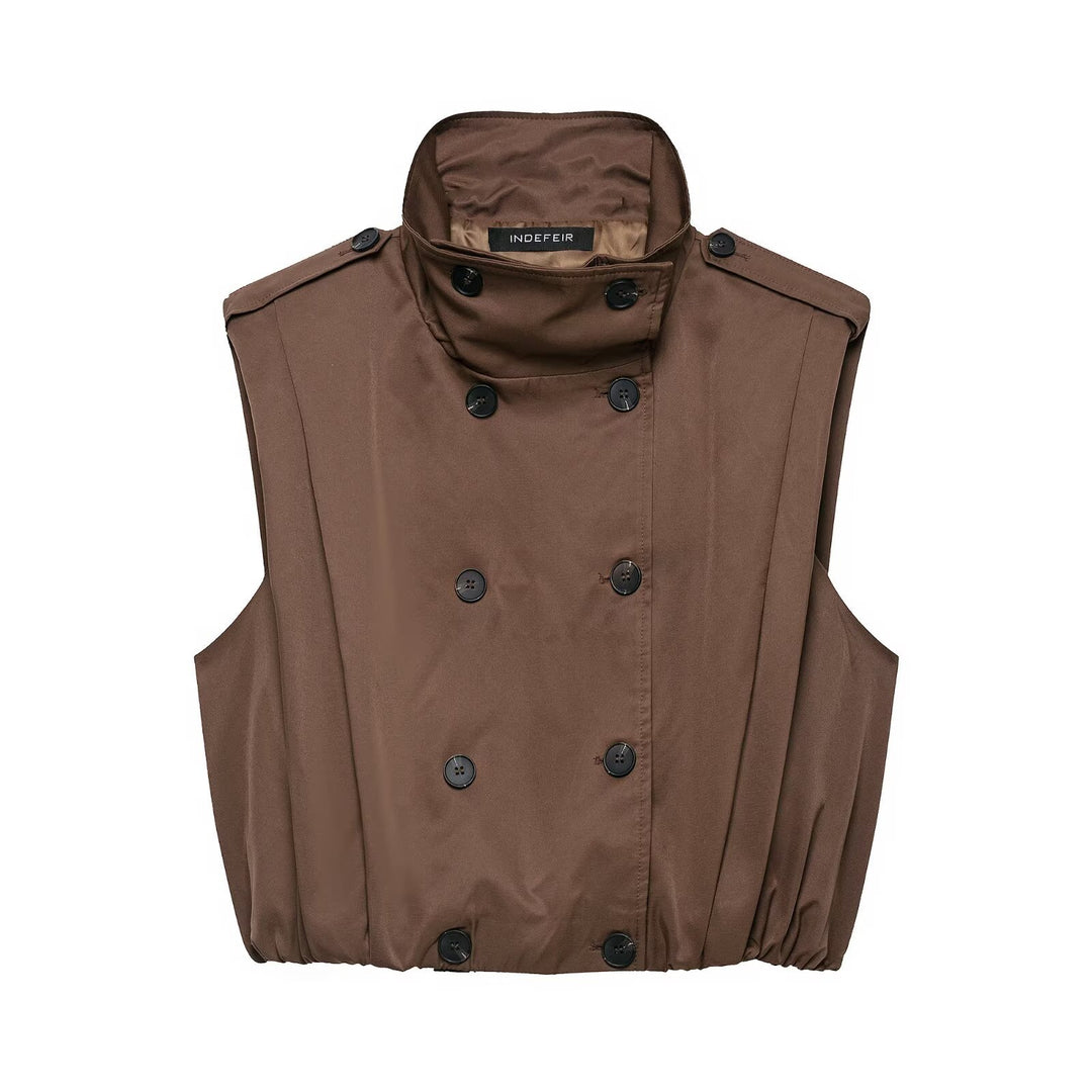 Women Sleeveless Trench Vest with Double Breasted and Stand Collar Amarae