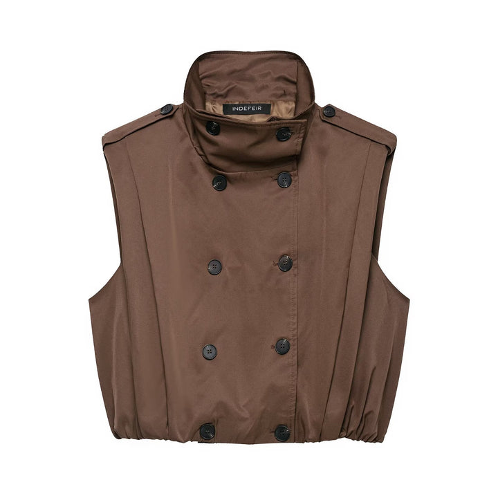 Women Sleeveless Trench Vest with Double Breasted and Stand Collar Amarae