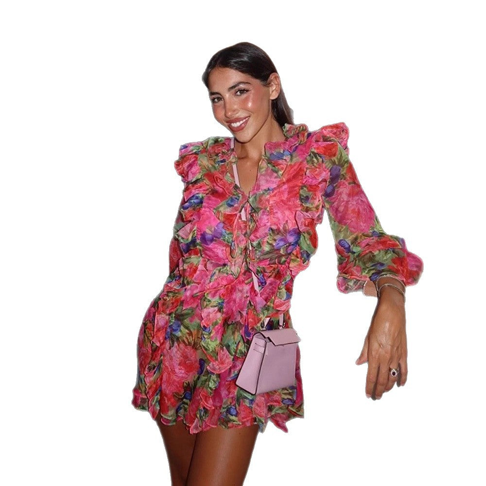 Women Floral Chiffon Mini Dress with Lace-up Corset, Ruffles and Flared Sleeves Amarae