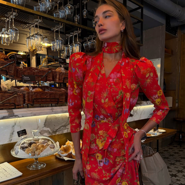 Women's Wrap Maxi Dress with Floral Print, Puff Sleeves and Shawl Collar Amarae