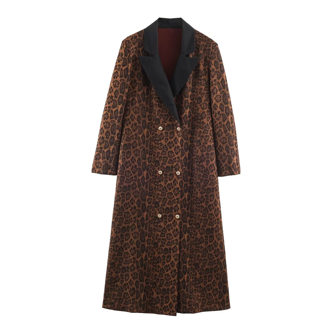 Women Double-Breasted Coat with Leopard Print and Satin Shawl Collar Amarae