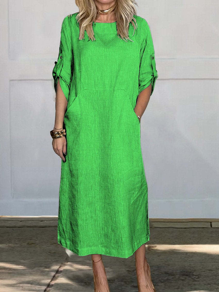 Lune London Long Casual Dress with Long Sleeves for Women with Practical Pockets and Roll-Up Sleeves