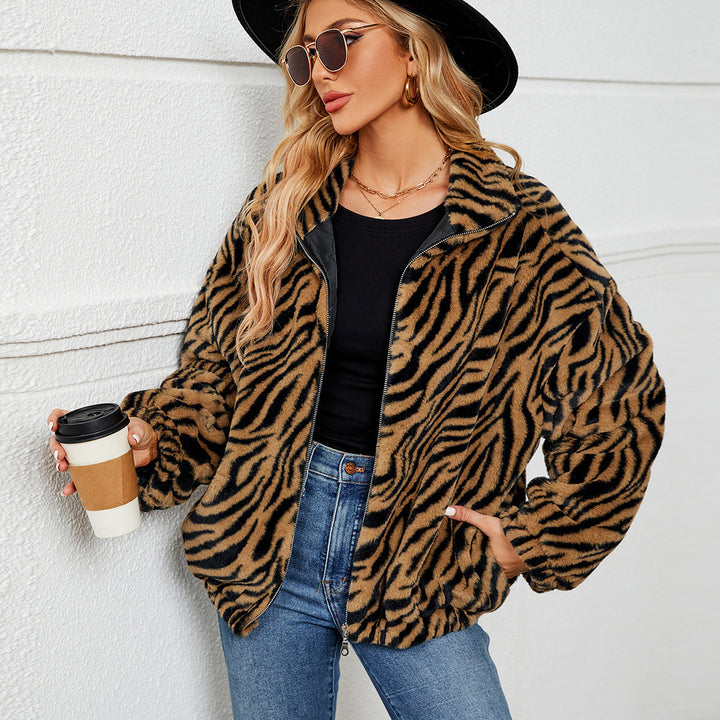 Ladies Cozy Fleece Jacket with Chic and Stylish Zebra Design