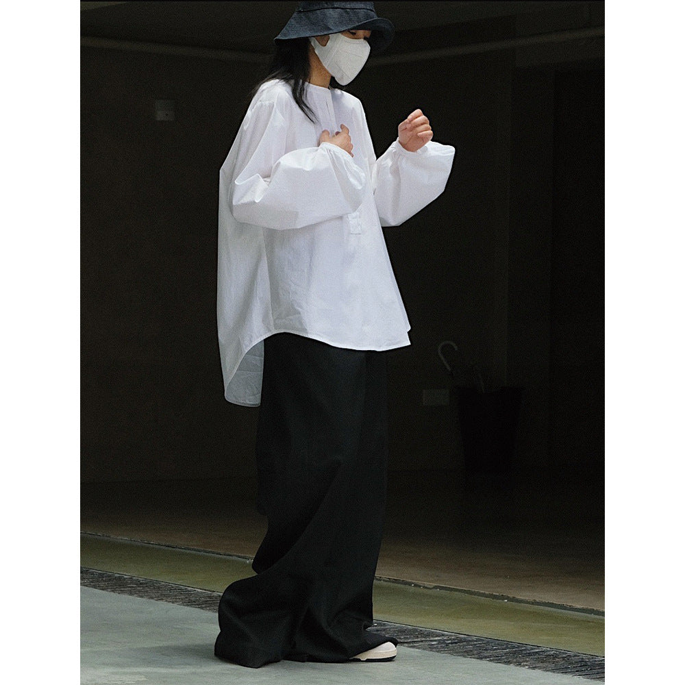 Women's Long Cut Poplin Tunic with Hidden Button Placket and Voluminous Balloon Sleeves Amarae
