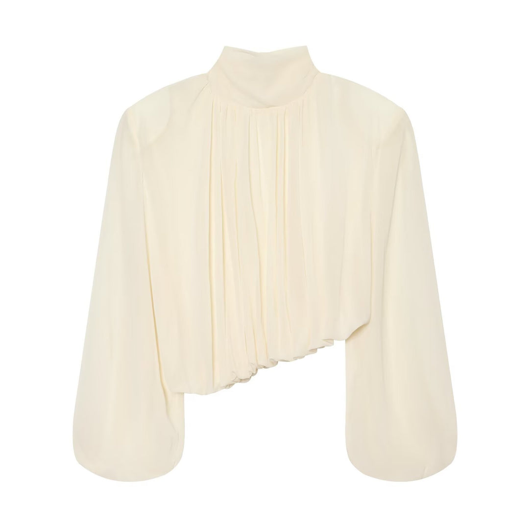 Ladies Pleated Blouse with Stand Collar and Balloon Sleeves Amarae