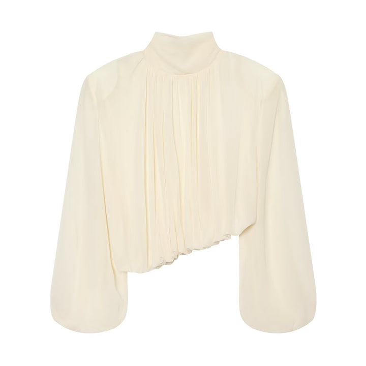 Ladies Pleated Blouse with Stand Collar and Balloon Sleeves Amarae