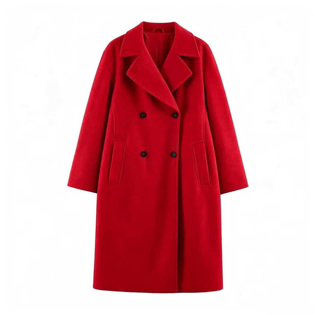 Women Mid-Length Wool Blend Double-Breasted Coat with Wide Lapels and Side Pockets Amarae
