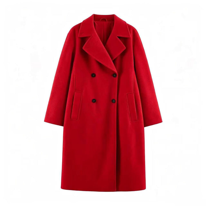 Women Mid-Length Wool Blend Double-Breasted Coat with Wide Lapels and Side Pockets Amarae