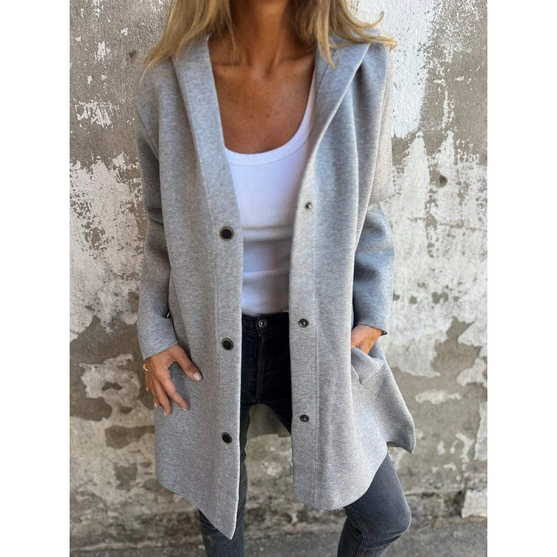 Women's Midi Length Oversized Coat made of Wool Blend with Clear Button Placket and Minimalist Lapels Amarae