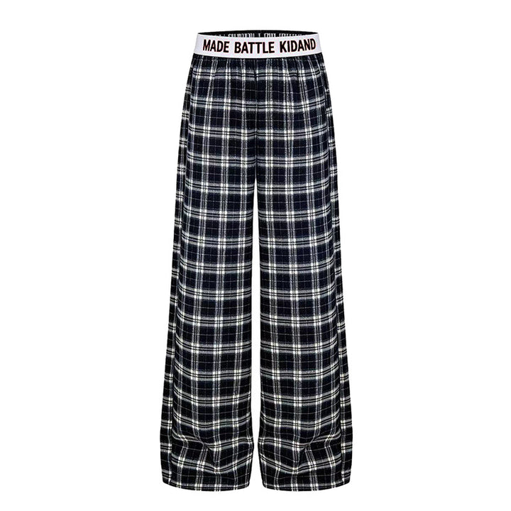 Ladies Wide Lounge Pants with Check Pattern and Elastic Logo Waistband Amarae
