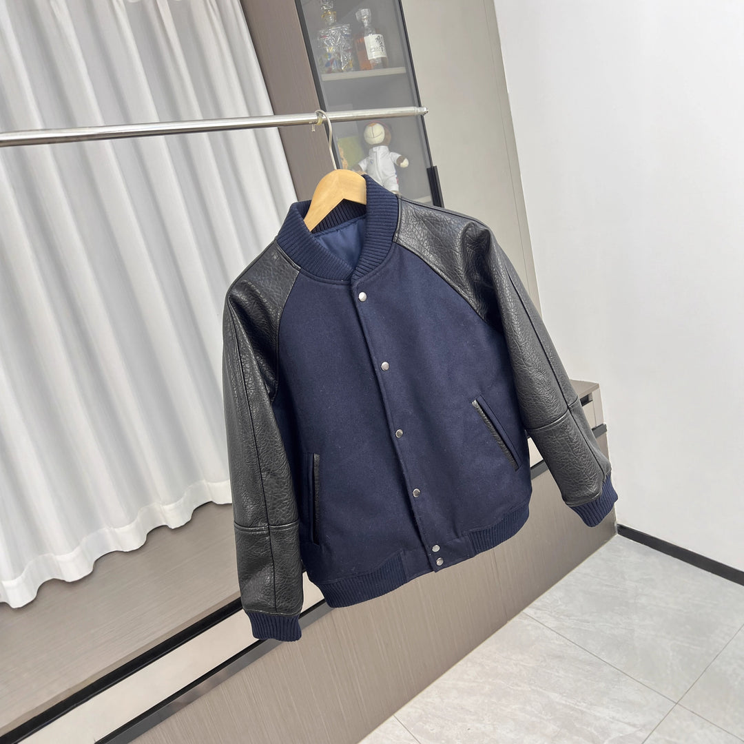 Men's College Bomber Jacket with Wool Blend Body and Structured Leather Look Sleeves Amarae
