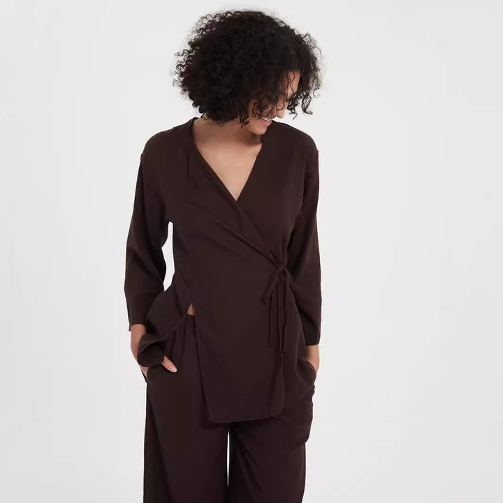 Women's two-piece wrap set made of flowing viscose blend with wide palazzo pants leg Amarae
