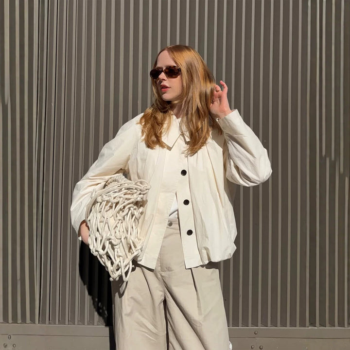 Women's Lightweight Cropped Blouse Jacket with Boxy Silhouette, Oversized Shirt Collar and Balloon Sleeves Amarae