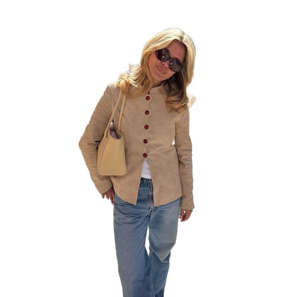 Women's Tailored Suede Blazer with Stand Collar and Decorative Buttons Amarae