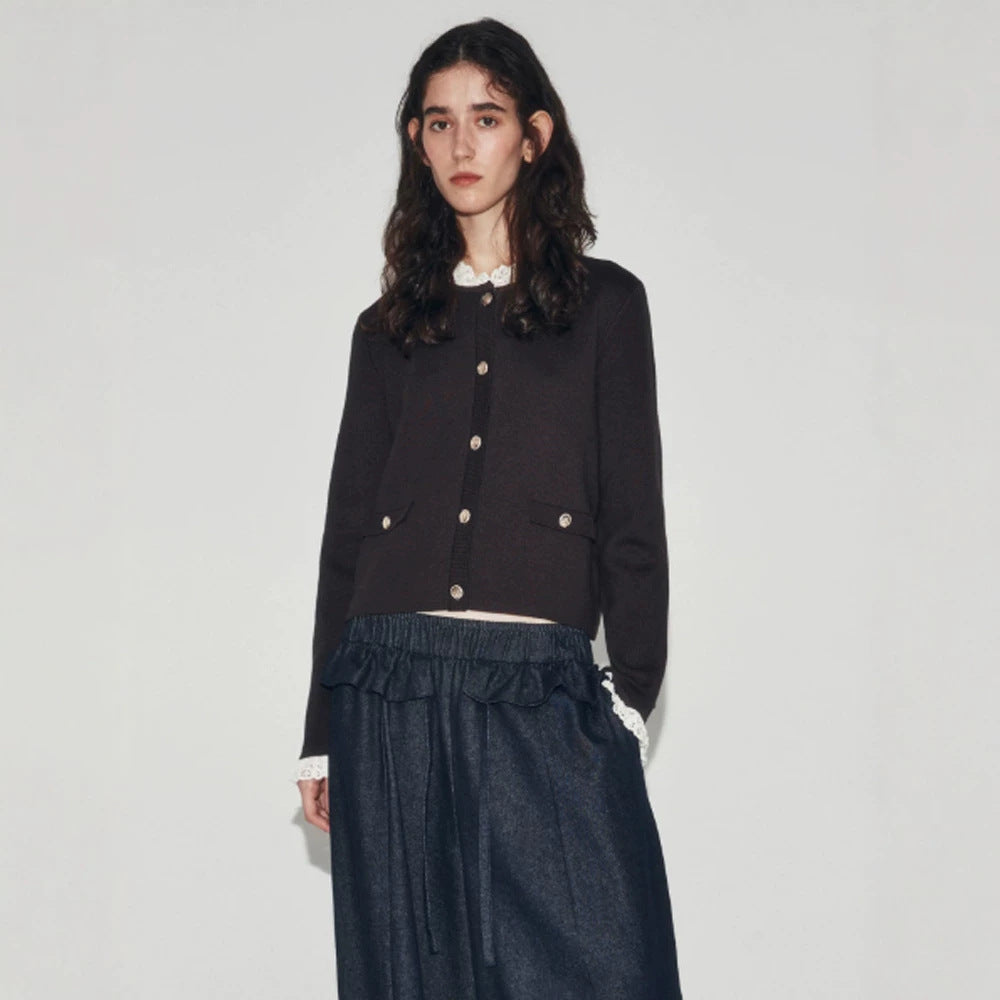 Women's Short Cut Fine Knit Cardigan with Round Neck, Decorative Buttons and Flap Pockets Amarae