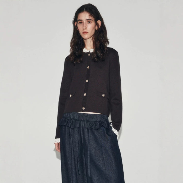 Women's Short Cut Fine Knit Cardigan with Round Neck, Decorative Buttons and Flap Pockets Amarae