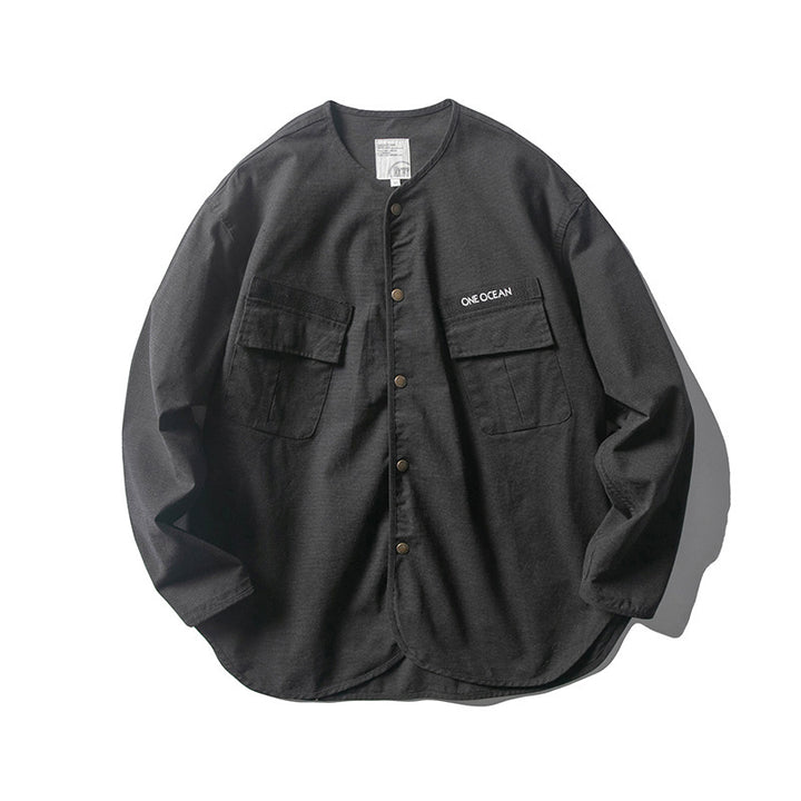 Unisex Collarless Overshirt Jacket with Snap Button Placket and Patch Chest Pockets Amarae
