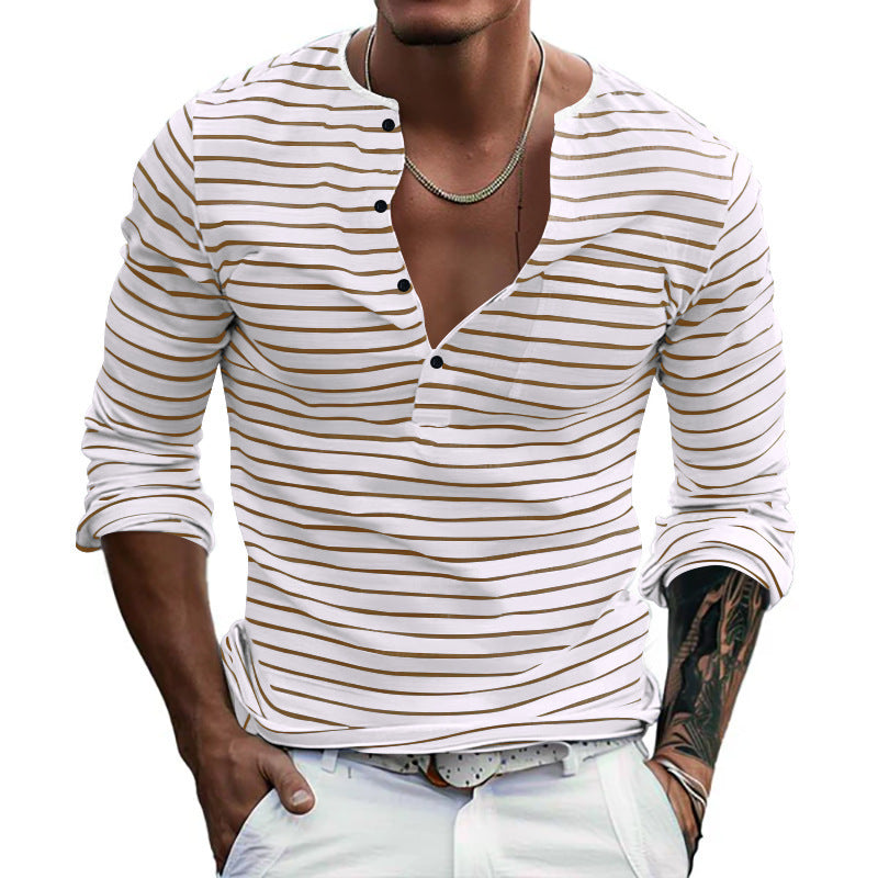 Striped long-sleeved shirt for men with button placket and V-neck Lune London