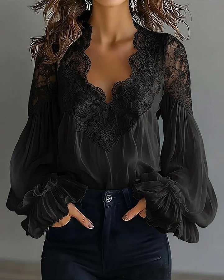 Women's Flowing Blouse with Lace Applications and Long Ruffle Sleeves Lune London