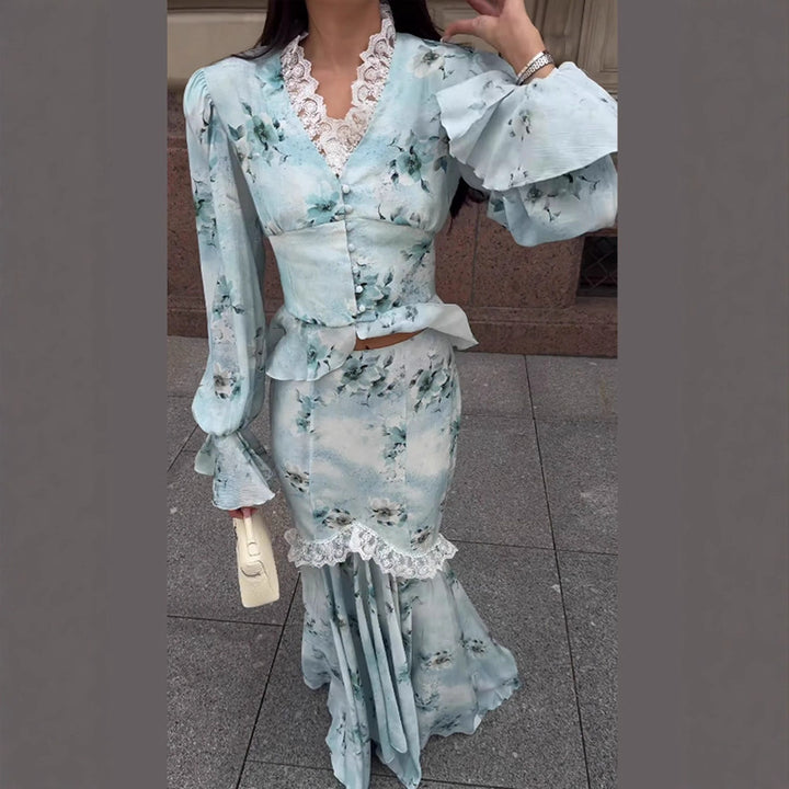 Women's Two-Piece Maxi Dress Set with Corset Top, Ruffle Sleeves and Lace Trim Amarae