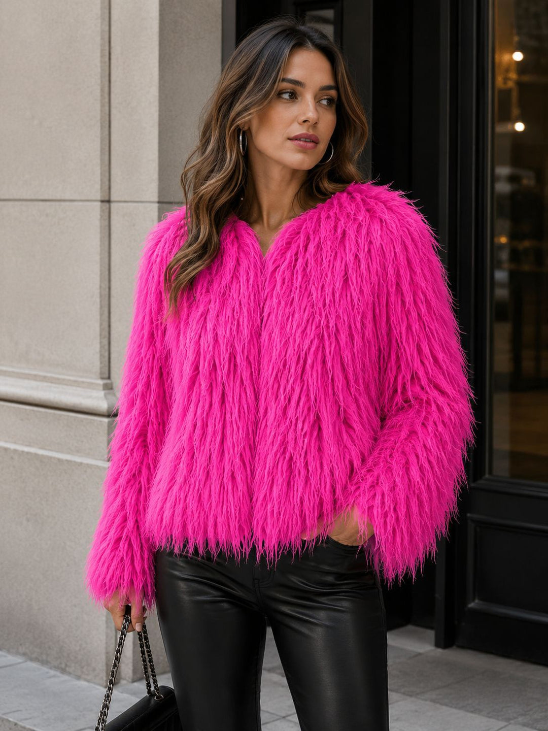 Women Short-Cut Shaggy Faux Fur Jacket with Round Neck, Extra Soft Long Hair and Casual Fit Amarae