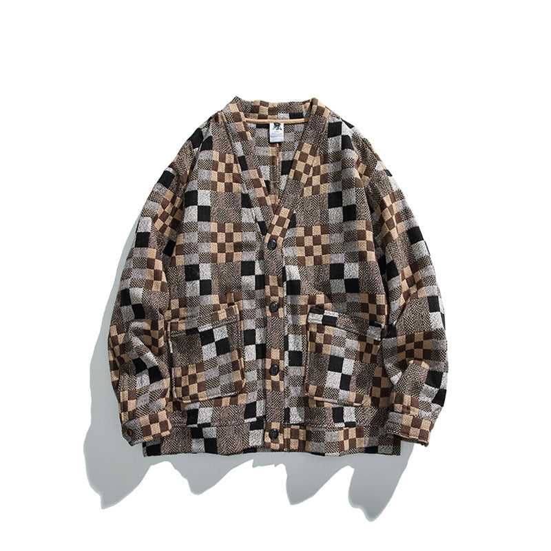 Unisex Boxy Cardigan in Patchwork Check with V-neck, snap front, and patch pockets Amarae
