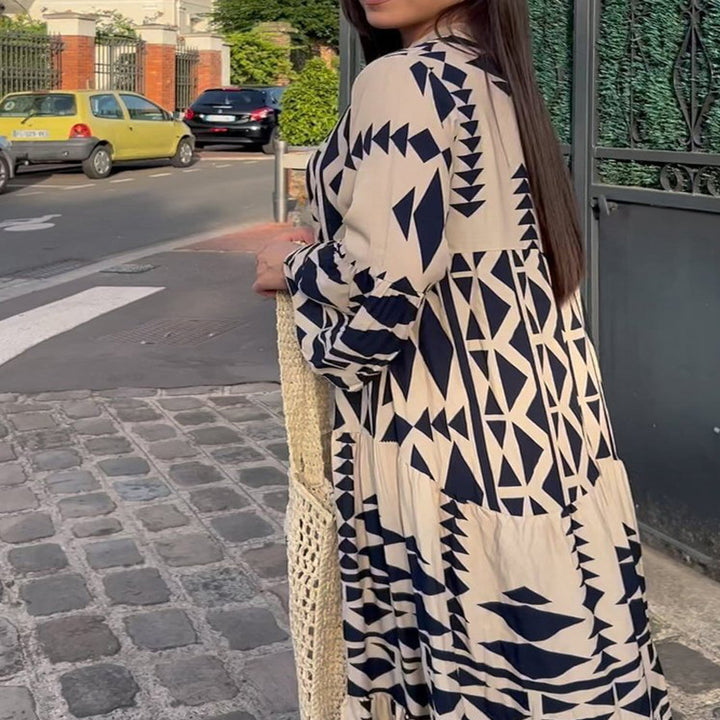 Women's Loose Maxi Dress in Boho Style with Graphic Print, V-Neck and Button Placket Amarae