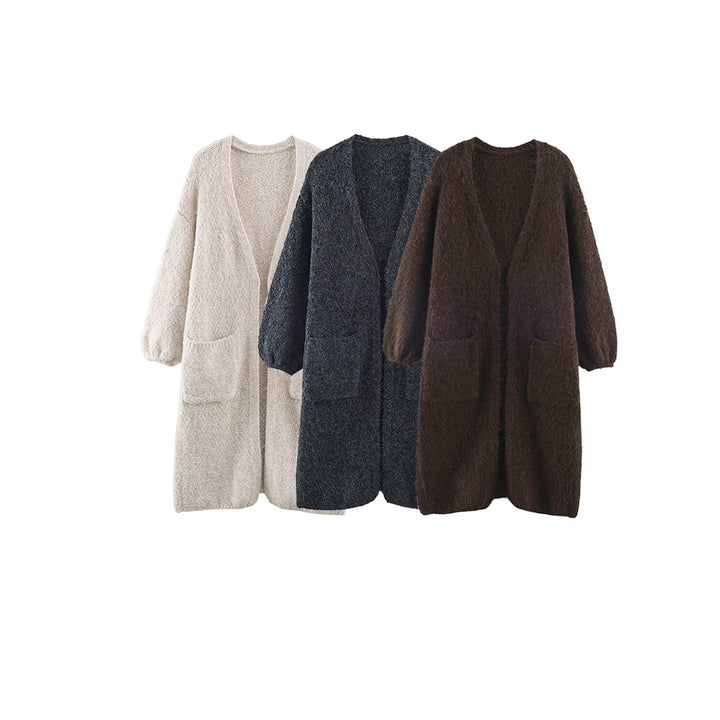 Women's Oversized Knit Coat with V-Neck, Cozy Boucle Look and Patch Pockets Amarae