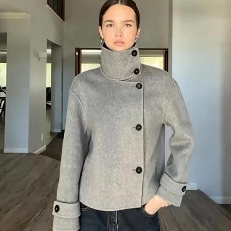 Women's Short Wool Blend Coat with Asymmetrical Button Placket and High Standing Collar Amarae