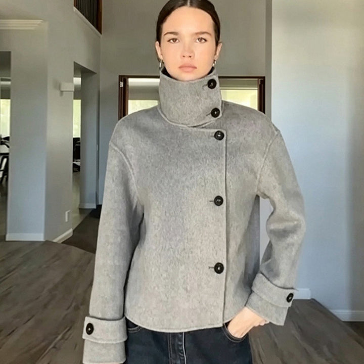 Women's Short Wool Blend Coat with Asymmetrical Button Placket and High Standing Collar Amarae