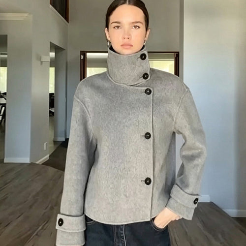 Women's Short Wool Blend Coat with Asymmetrical Button Placket and High Standing Collar Amarae