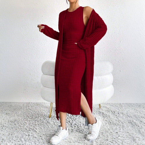 Robe en tricot pour femme avec cardigan long et fente sur le côté Chic & Stil